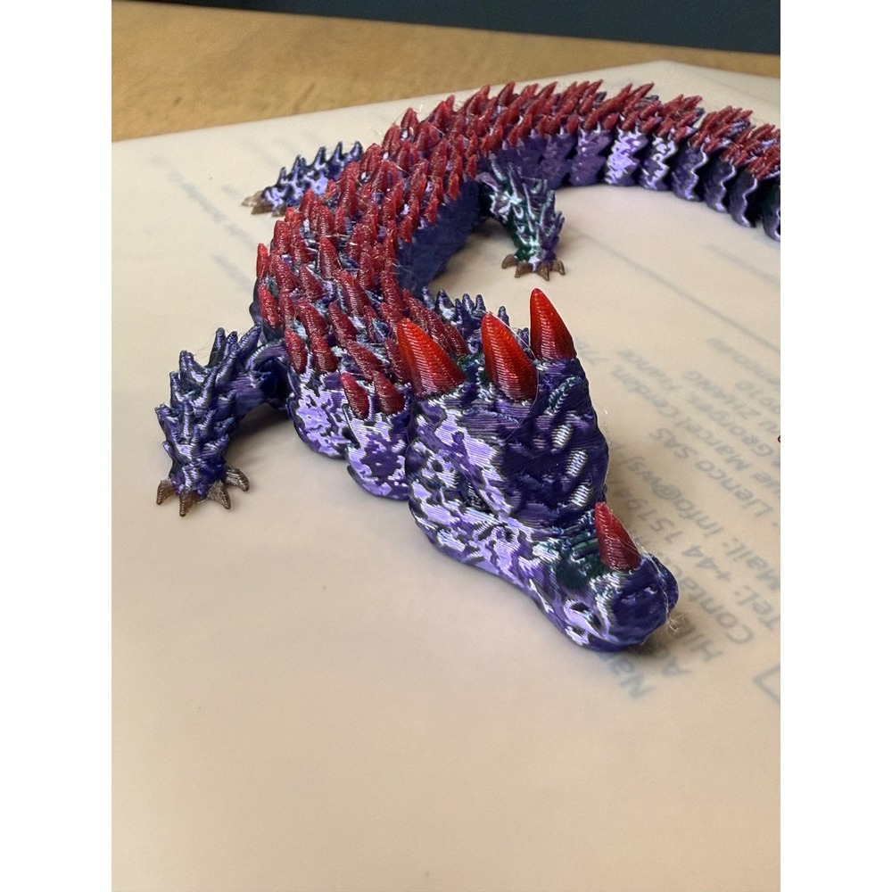 3D Printed Articulated Dragon Crocodile Fidget Toy Spiked Iridescent Purple Red